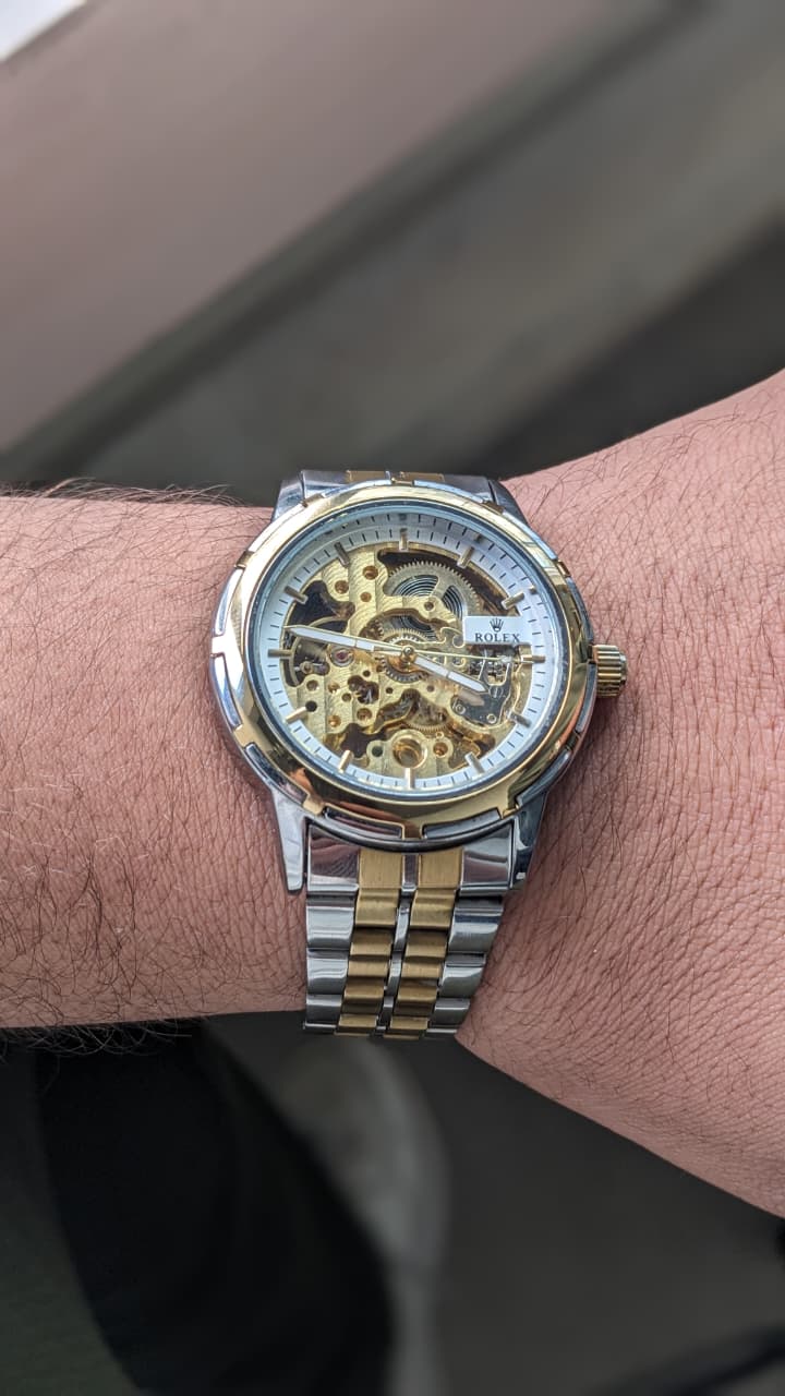 Rolex Luxury Two-Tone Skeleton Automatic Watch Gold & Silver Finish